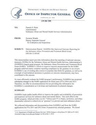 Read Online Memorandum Report: Samhsa Has Improved Outcome Reporting for the Substance Abuse Prevention and Treatment Block Grant. - Office of the Investigator General | PDF